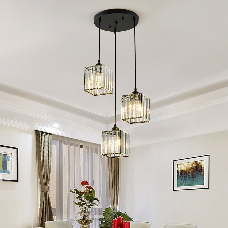 Modern Black Cylindrical Pendant Light With Crystal Shade - Stylish Suspension Lighting Fixture