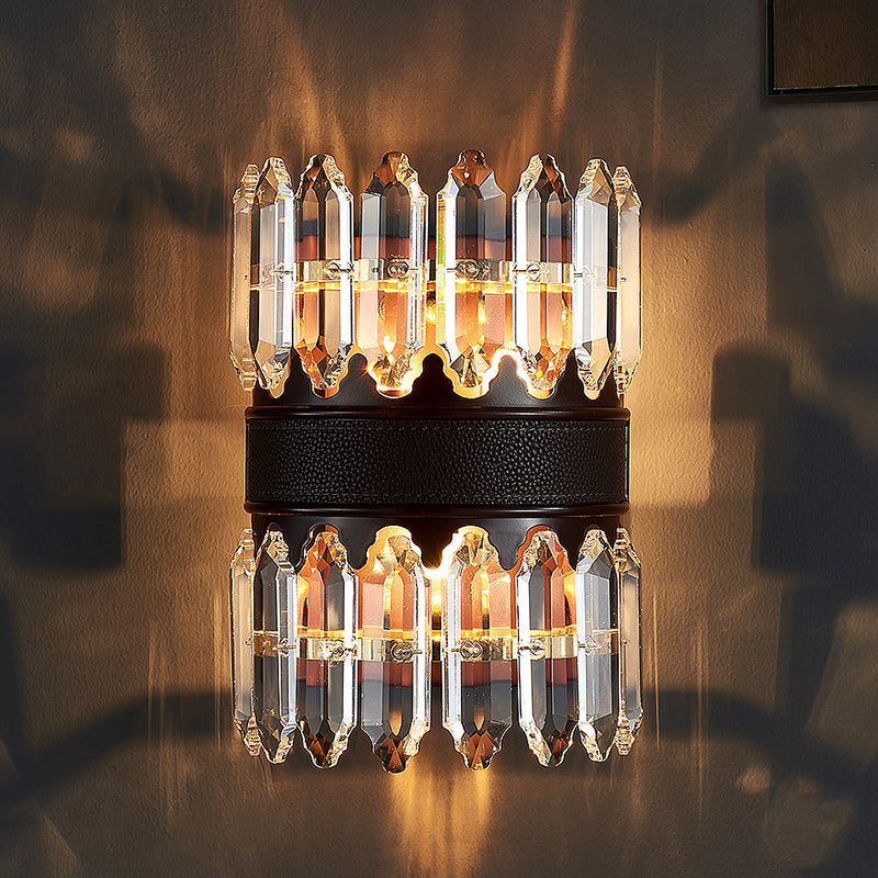 Modern Crystal Wall Sconce Light - Black Cylinder Block Fixture (2/4 Lights)