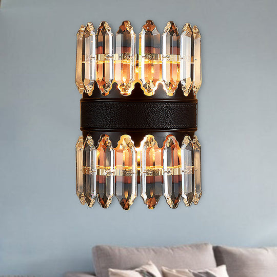Modern Crystal Wall Sconce Light - Black Cylinder Block Fixture (2/4 Lights)