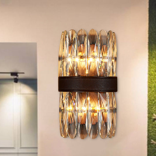 Modern Crystal Wall Sconce Light - Black Cylinder Block Fixture (2/4 Lights)