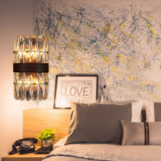 Modern Crystal Wall Sconce Light - Black Cylinder Block Fixture (2/4 Lights)