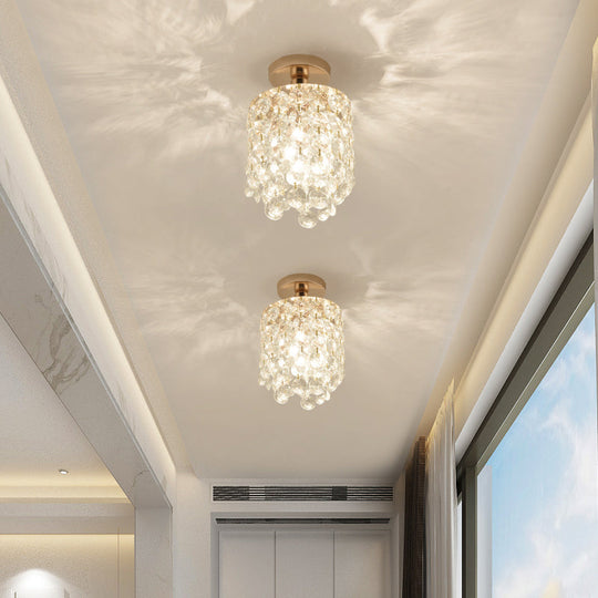 Golden Cylinder Crystal Semi - Flush Ceiling Light With Simplicity Design