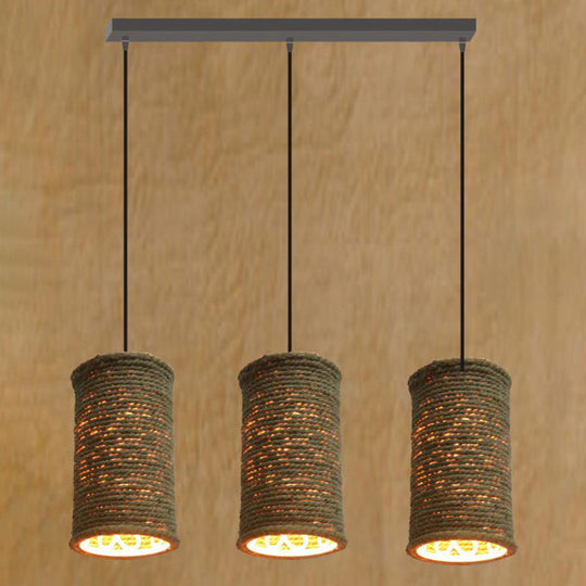 Rustic Beige Pendant Lights For Restaurant: Vintage Rope Cylinder Design / Linear