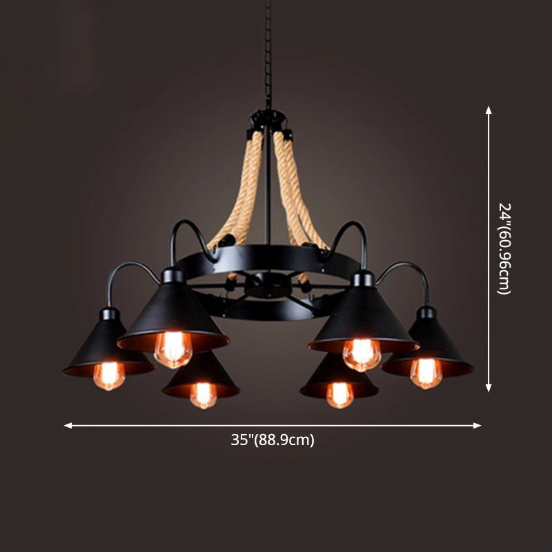 Black Industrial Art Chandelier Light With Rope And Cone Metal Shade