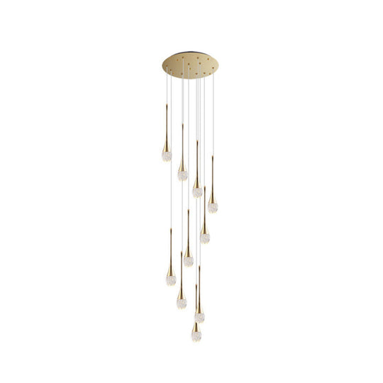 Brass Crystal Cone Pendant Light Set With Long Led Cascade - Perfect For Stairwell 10 /