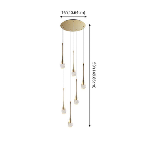 Modern Brass Crystal Hanging Led Pendant Lights - Long Cone Cascade Design For Stairwell