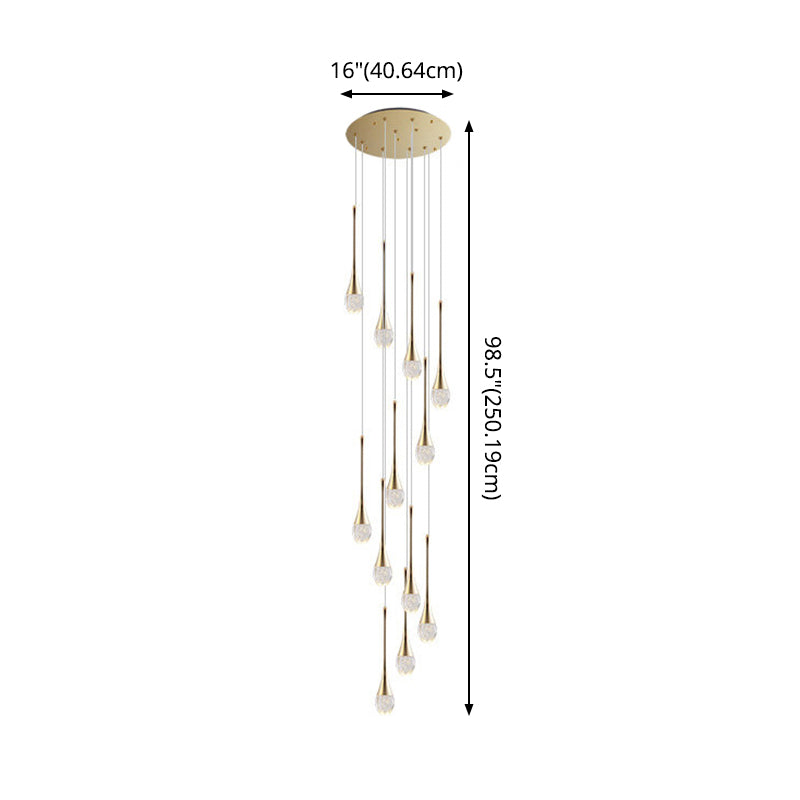 Modern Brass Crystal Hanging Led Pendant Lights - Long Cone Cascade Design For Stairwell