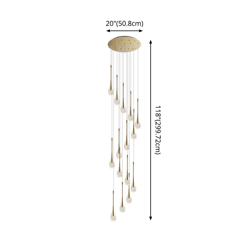 Brass Crystal Cone Pendant Light Set With Long Led Cascade - Perfect For Stairwell