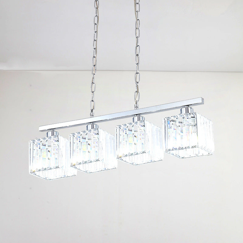 Simple Style Crystal Block Hanging Lamp Kit - 4-Light Chrome Island Fixture
