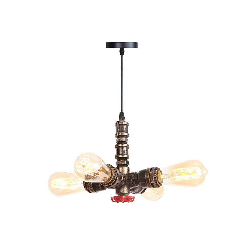 Rust Finish Water Pipe Chandelier - Industrial 4-Light Fixture With Edison Bulbs For Bar Cafe Shop
