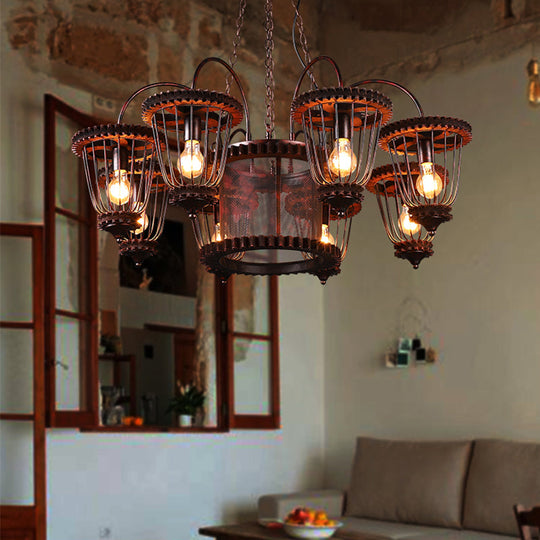 Large Cage Chandelier: Industrial Style Pendant Light Fixture In Wrought Iron With Rust Finish