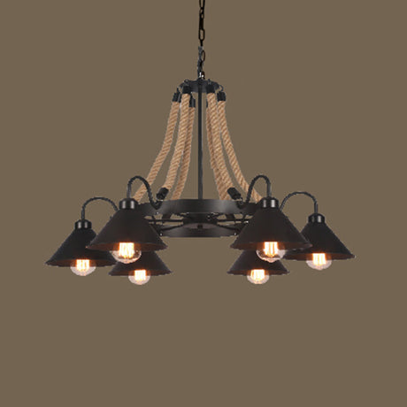 Vintage Industrial Chandelier: Large Rope & Cone Metal Shade Pendant Light For Coffee Shops 6 /