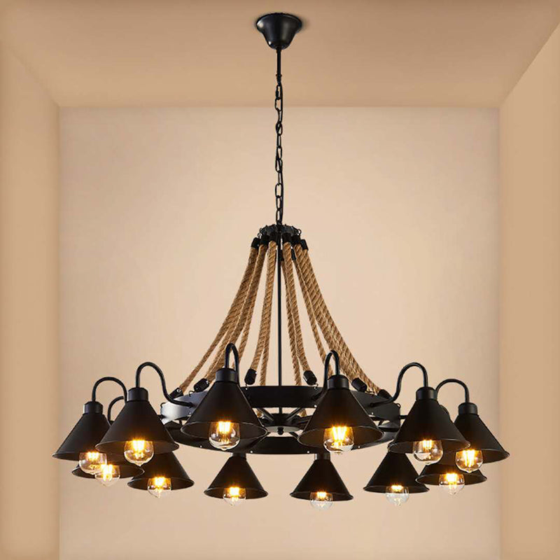 Industrial Vintage Large Chandelier With Rope And Metal Cone Shade - Perfect For Coffee Shop