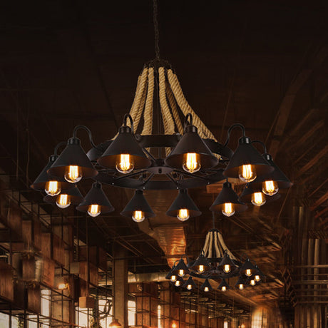 Vintage Industrial Chandelier: Large Rope & Cone Metal Shade Pendant Light For Coffee Shops