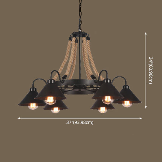 Vintage Industrial Chandelier: Large Rope & Cone Metal Shade Pendant Light For Coffee Shops