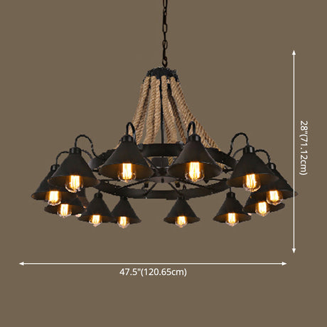 Vintage Industrial Chandelier: Large Rope & Cone Metal Shade Pendant Light For Coffee Shops
