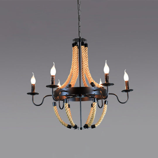 Industrial Rope Style Chandelier Pendant Lamp - Elegant Black Finish Candle Shape Adjustable 39’