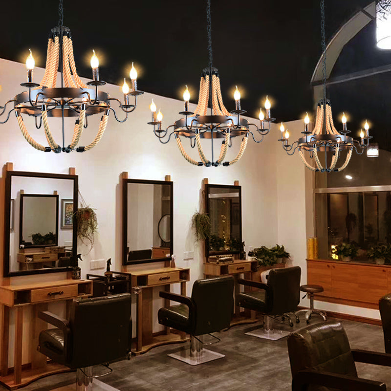 Industrial Rope Style Chandelier Pendant Lamp - Elegant Black Finish Candle Shape Adjustable 39’