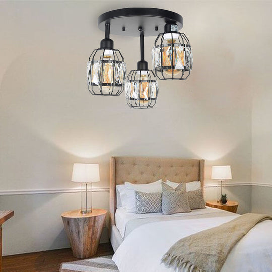 Traditional Cup Shape Iron Frame Ceiling Lamp With Crystal Accent - 3 - Light Semi Flushmount In