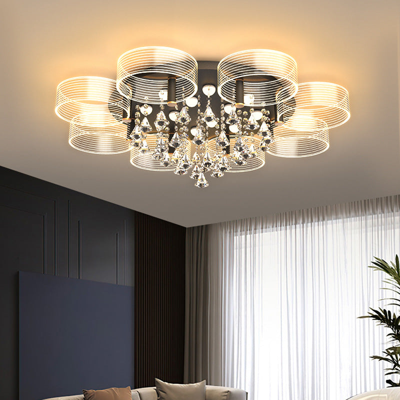Modern Black - Gold Led Ceiling Light With Flower Design - Acrylic Round Semi Mount