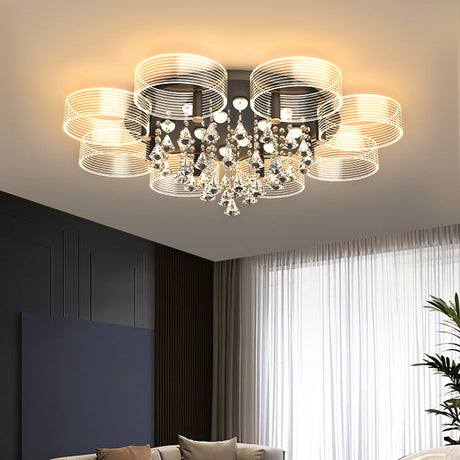Modern Black-Gold Led Ceiling Light With Flower Design - Acrylic Round Semi Mount