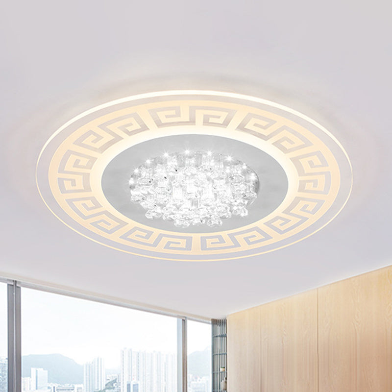 Modern Led White Flush Mount Ceiling Light Fixture With Crystal Accents - Extra-Thin Round Acrylic