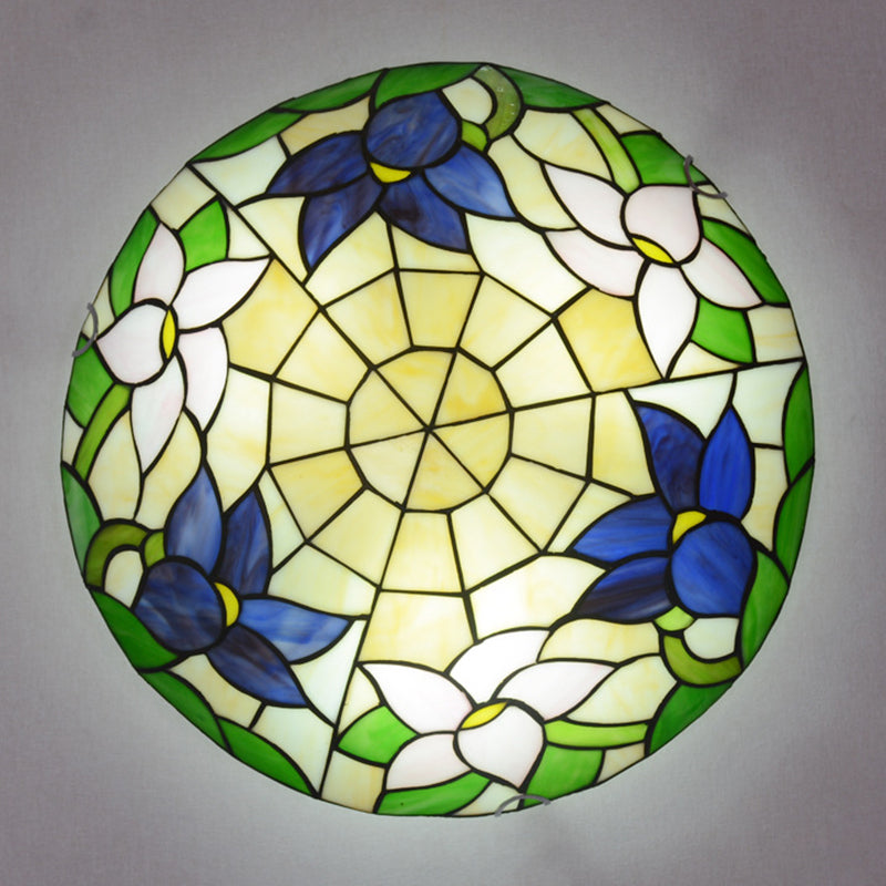 Tiffany Stained Glass Flush Ceiling Light For Bedroom - Bowl Shaped Flushmount Lighting Dark Blue /