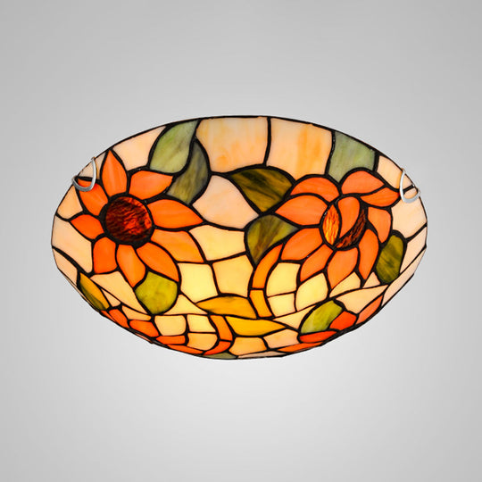 Sunflower Tiffany Stained Glass Flush Mount Ceiling Light In Vibrant Orange Bowl Shape / 12