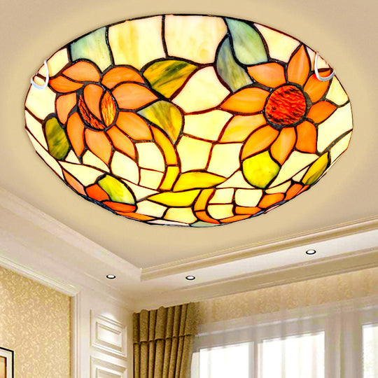 Sunflower Tiffany Stained Glass Flush Mount Ceiling Light In Vibrant Orange Bowl Shape