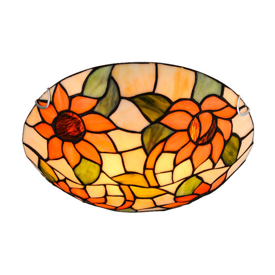 Sunflower Tiffany Stained Glass Flush Mount Ceiling Light In Vibrant Orange Bowl Shape