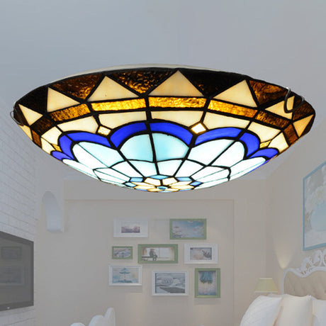 Vintage Blue Handcrafted Glass Dome Ceiling Flush Light With Feather Pattern