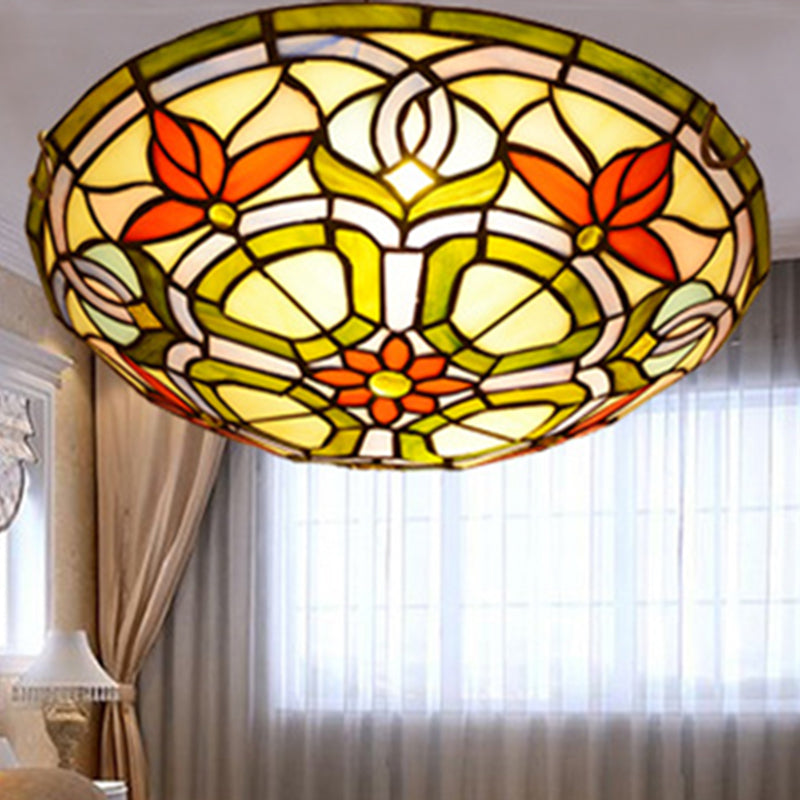 Red Flower Tiffany Stained Glass Ceiling Light: Round Flush Mount For Bedroom / 12