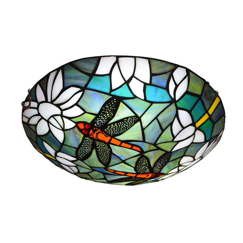Tiffany Style Dragonfly & Lotus Cut Glass Flush Mount Ceiling Lamp