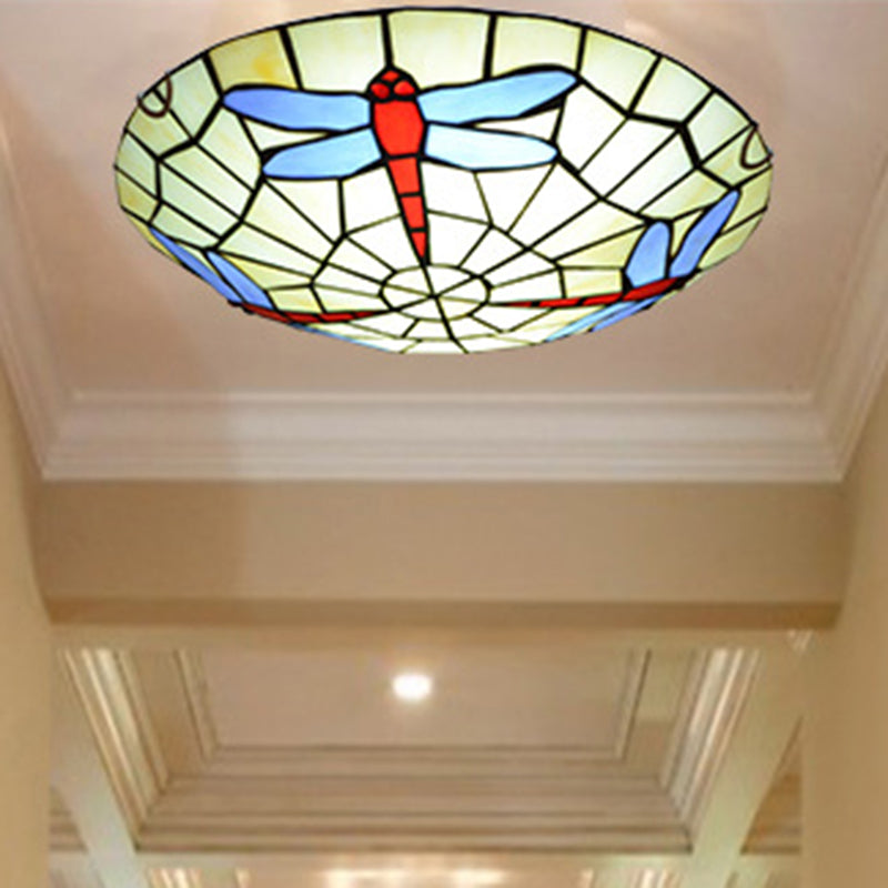 Hand-Crafted Sky Blue Dragonfly Tiffany Glass Ceiling Flush Mount Light