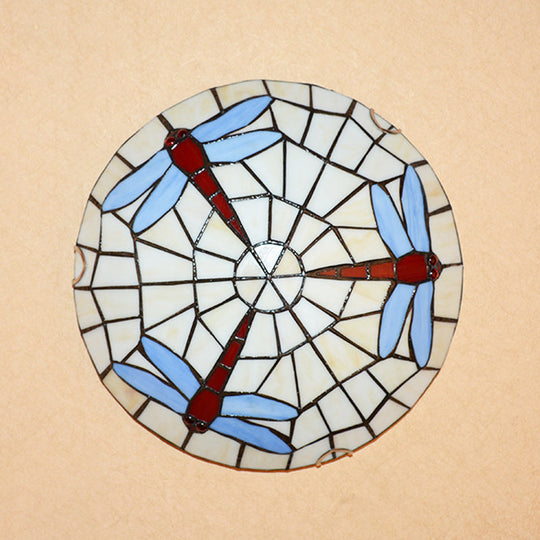 Hand-Crafted Sky Blue Dragonfly Tiffany Glass Ceiling Flush Mount Light