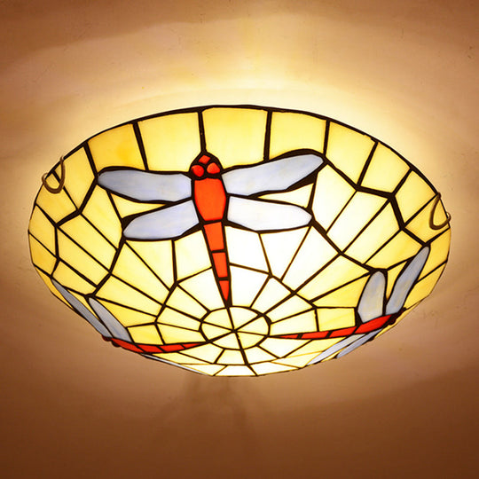 Hand-Crafted Sky Blue Dragonfly Tiffany Glass Ceiling Flush Mount Light
