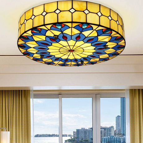 Mediterranean Stained Glass Drum Ceiling Mount Light For Bedroom
