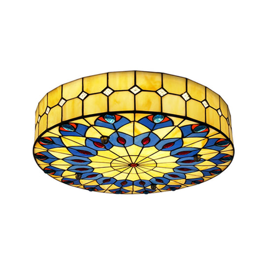 Mediterranean Stained Glass Drum Ceiling Mount Light For Bedroom Yellow / 39’