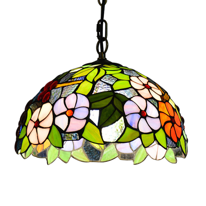 Tiffany-Style Green Stained Glass Bowl Pendant Light With 1 Hanging Lamp