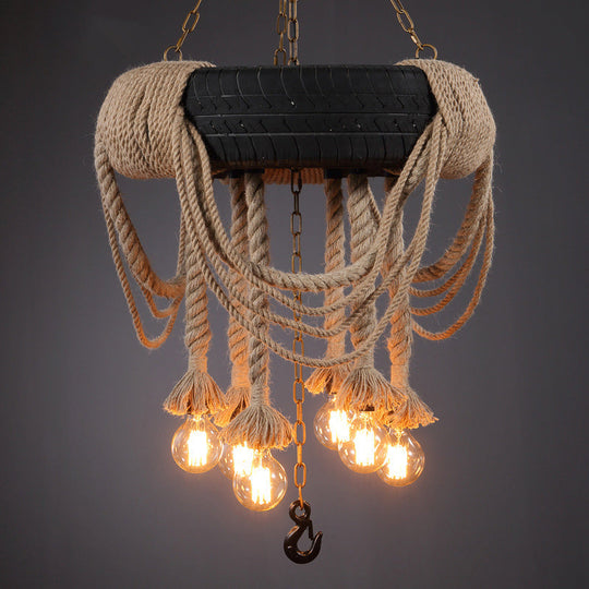 Vintage Automobile Tire Pendant Light For Restaurants - Black Industrial Rope Suspension
