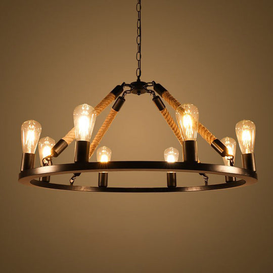 Rustic Rope Chandelier With Circular Black Metal Design And Exposed Bulbs