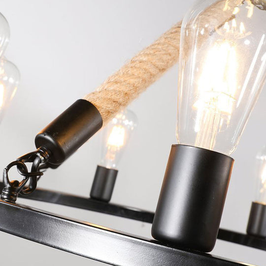 Rustic Rope Chandelier With Circular Black Metal Design And Exposed Bulbs