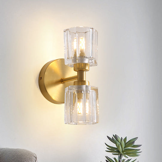 Modern Gold Wall Sconce Lamp With Clear Crystal 2 Bulbs - Tapered Living Room Lighting