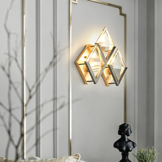 Modern Rhombus Wall Sconce Light With Clear Crystal And Metal Accents - 3 Lights Golden Finish