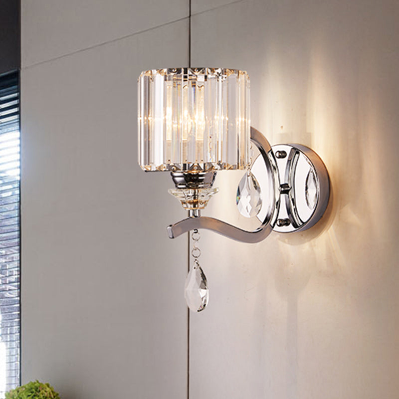 Modern Crystal Block Cylinder Wall Sconce In Chrome - Bedroom Light Fixture