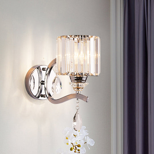 Modern Crystal Block Cylinder Wall Sconce In Chrome - Bedroom Light Fixture