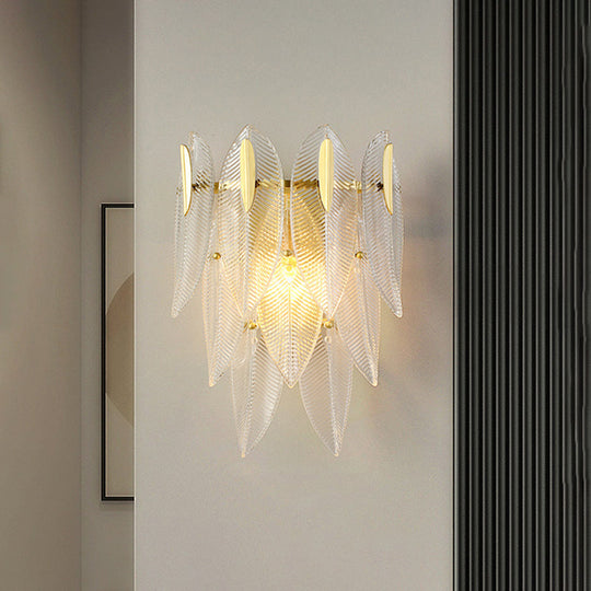 Prismatic Crystal Leaf Wall Sconce - Minimalist Gold Light Fixture (2 Lights)