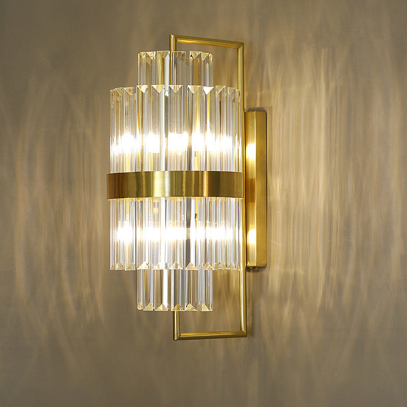 Postmodern Crystal Block Wall Sconce In Gold With 2 Cylinder Lights - Ideal For Corridors