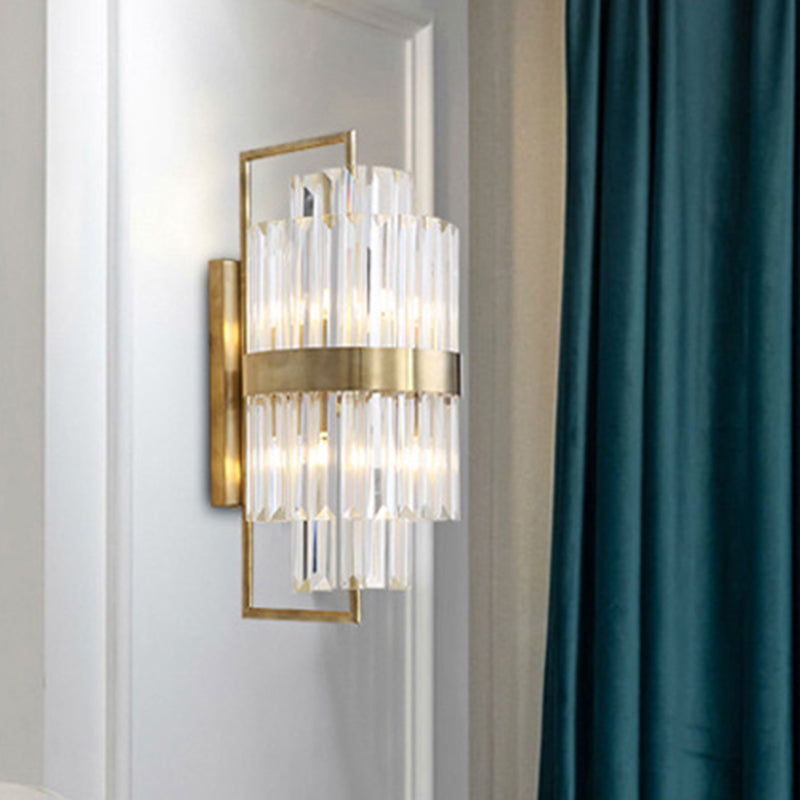 Postmodern Crystal Block Wall Sconce In Gold With 2 Cylinder Lights - Ideal For Corridors