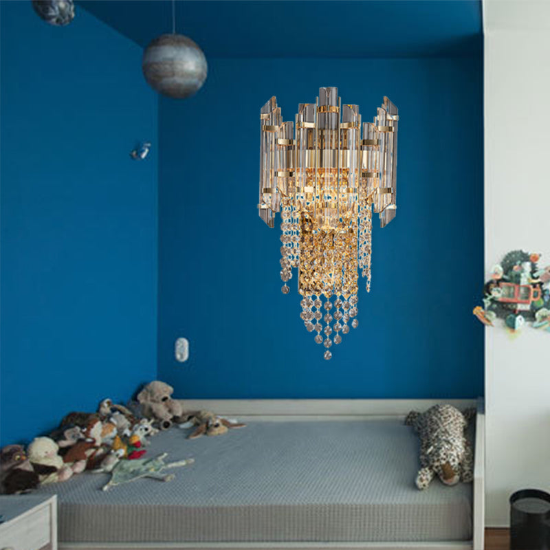 Modern Beaded Crystal Wall Sconce With 2 Smoky Grey Lights For Living Room